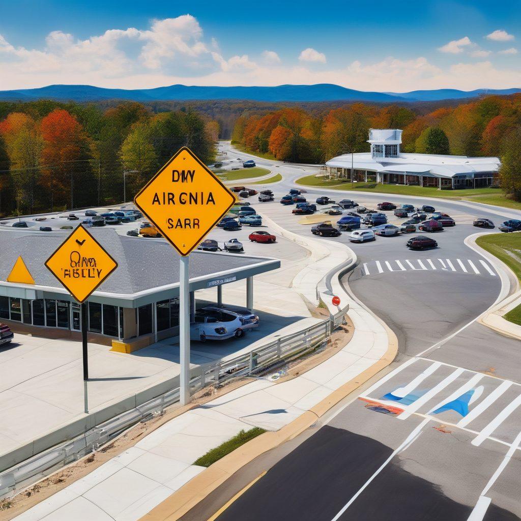 A vibrant collage depicting a Virginia DMV building, an appointment calendar, a car with a road safety sign, and diverse people engaging in DMV services. Include elements like maps, driver's licenses, and road signs to emphasize road safety. The background should feature the scenic Virginia landscape including mountains and highways. super-realistic. vibrant colors. white background.