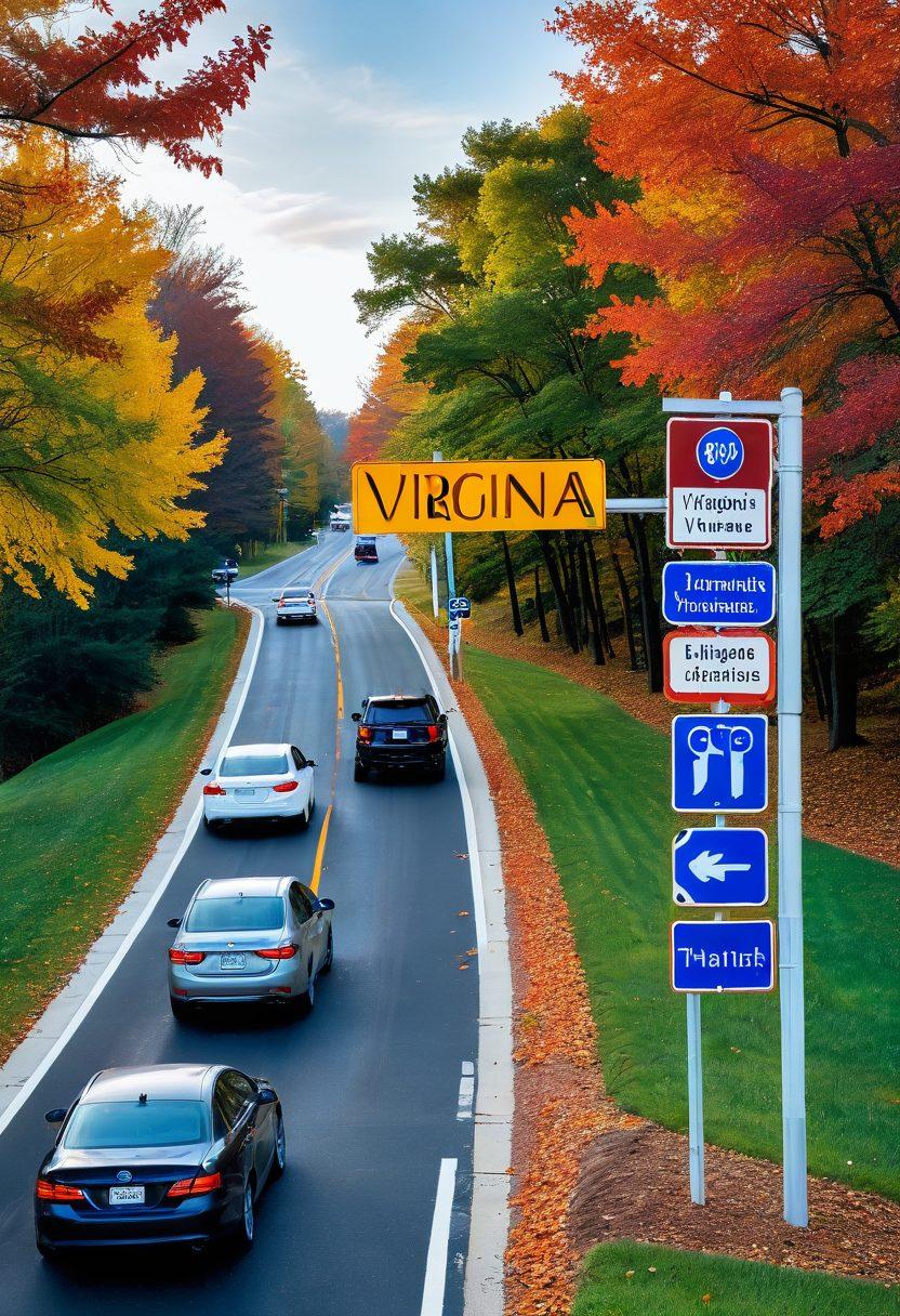 A well-lit Virginia road scene featuring a diverse group of learners practicing driving with an instructor beside them. Include clear signage with Virginia state symbols, a digital display board showing 'License Renewal' and 'Driving Tests,' and various vehicles parked along a scenic route with autumn leaves. Emphasize a welcoming and educational atmosphere.  super-realistic. vibrant colors. cinematic view.