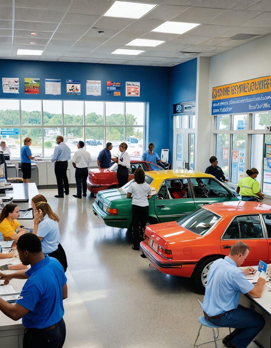 A vibrant scene depicting a Virginia DMV office with friendly staff assisting customers, surrounded by road safety posters highlighting traffic rules. In the foreground, diverse individuals are reading DMV brochures, while cars and bicycles are shown in a safe, organized manner outside. Incorporate Virginia’s state outline and a clear blue sky to symbolize safety and efficiency. super-realistic. vibrant colors. white background.